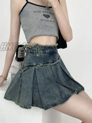 Hnewly Denim Pleated Skirt Women Vintage Streetwear High Waist A-Line Raw Edge Korean Fashion Blue