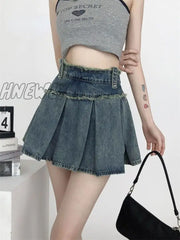 Hnewly Denim Pleated Skirt Women Vintage Streetwear High Waist A-Line Raw Edge Korean Fashion Blue