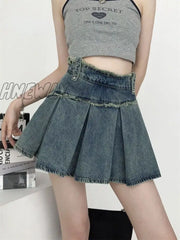 Hnewly Denim Pleated Skirt Women Vintage Streetwear High Waist A-Line Raw Edge Korean Fashion Blue