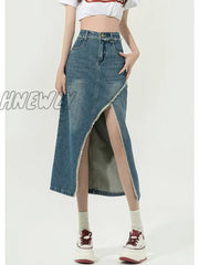 Hnewly Denim Slit Skirt Korean Fashion Women High Waist Straight Split Raw Edge Slim Jean Long