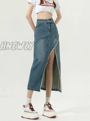 Hnewly Denim Slit Skirt Korean Fashion Women High Waist Straight Split Raw Edge Slim Jean Long