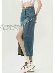 Hnewly Denim Slit Skirt Korean Fashion Women High Waist Straight Split Raw Edge Slim Jean Long