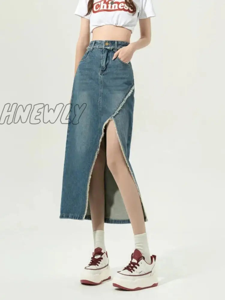 Hnewly Denim Slit Skirt Korean Fashion Women High Waist Straight Split Raw Edge Slim Jean Long