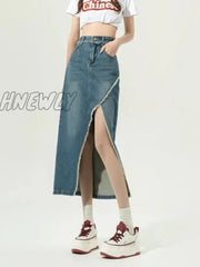 Hnewly Denim Slit Skirt Korean Fashion Women High Waist Straight Split Raw Edge Slim Jean Long