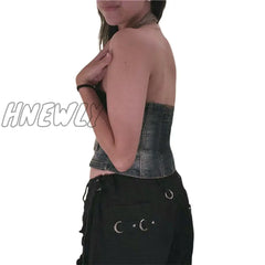 Hnewly Denim Waistcoat Vest Y2K Aesthetic Women Grunge Single Breasted Sleeveless Halter Tops Jeans