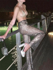 Hnewly Diamonds Glitter High Waist Leggings Pants Women Party Night Clubwear Loose Wide Leg