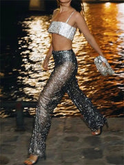 Hnewly Diamonds Glitter High Waist Leggings Pants Women Party Night Clubwear Loose Wide Leg