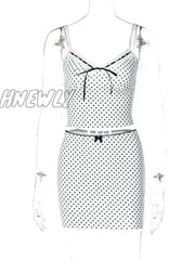 Hnewly Dot Printed V-Neck Vest Mini Skirt Two Piece Set Women Hip Wrap Patchwork Bow Slim Fit