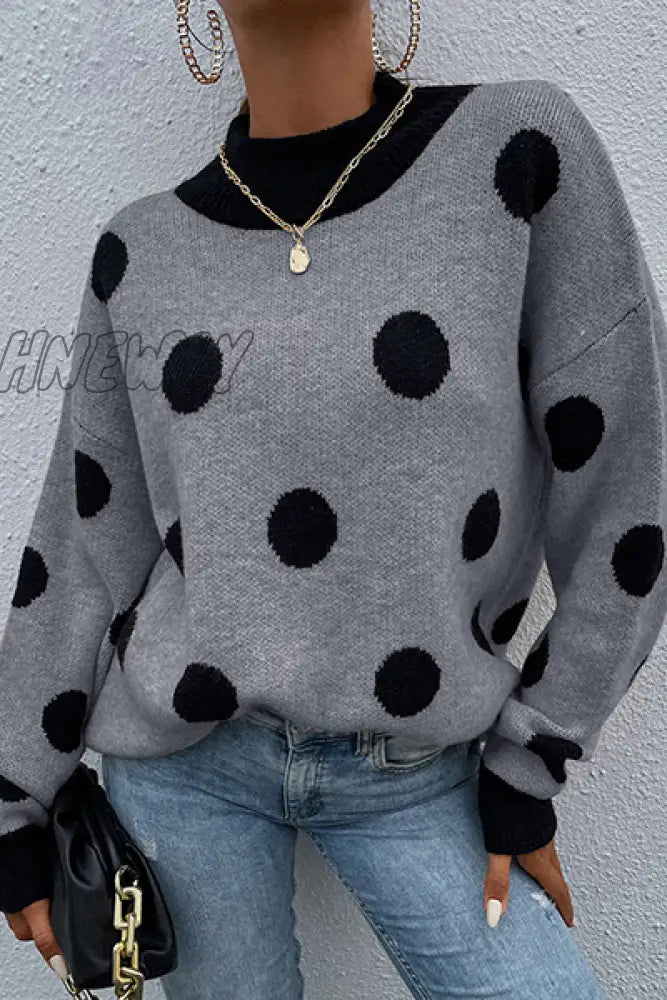 Hnewly - Dot Split Joint Contrast O Neck Tops Grey / S Tops/Sweaters & Cardigans