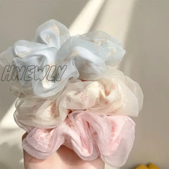 Hnewly Double Layer Silk Organza Scrunchies Sweet Flower Hair Band For Girls Ponytail Holder Rubber