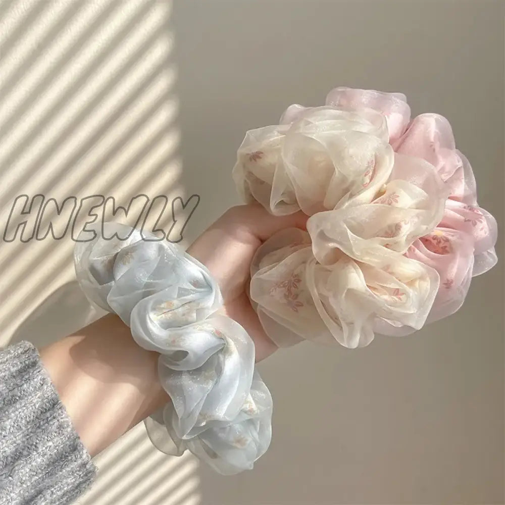 Hnewly Double Layer Silk Organza Scrunchies Sweet Flower Hair Band For Girls Ponytail Holder Rubber