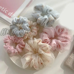Hnewly Double Layer Silk Organza Scrunchies Sweet Flower Hair Band For Girls Ponytail Holder Rubber