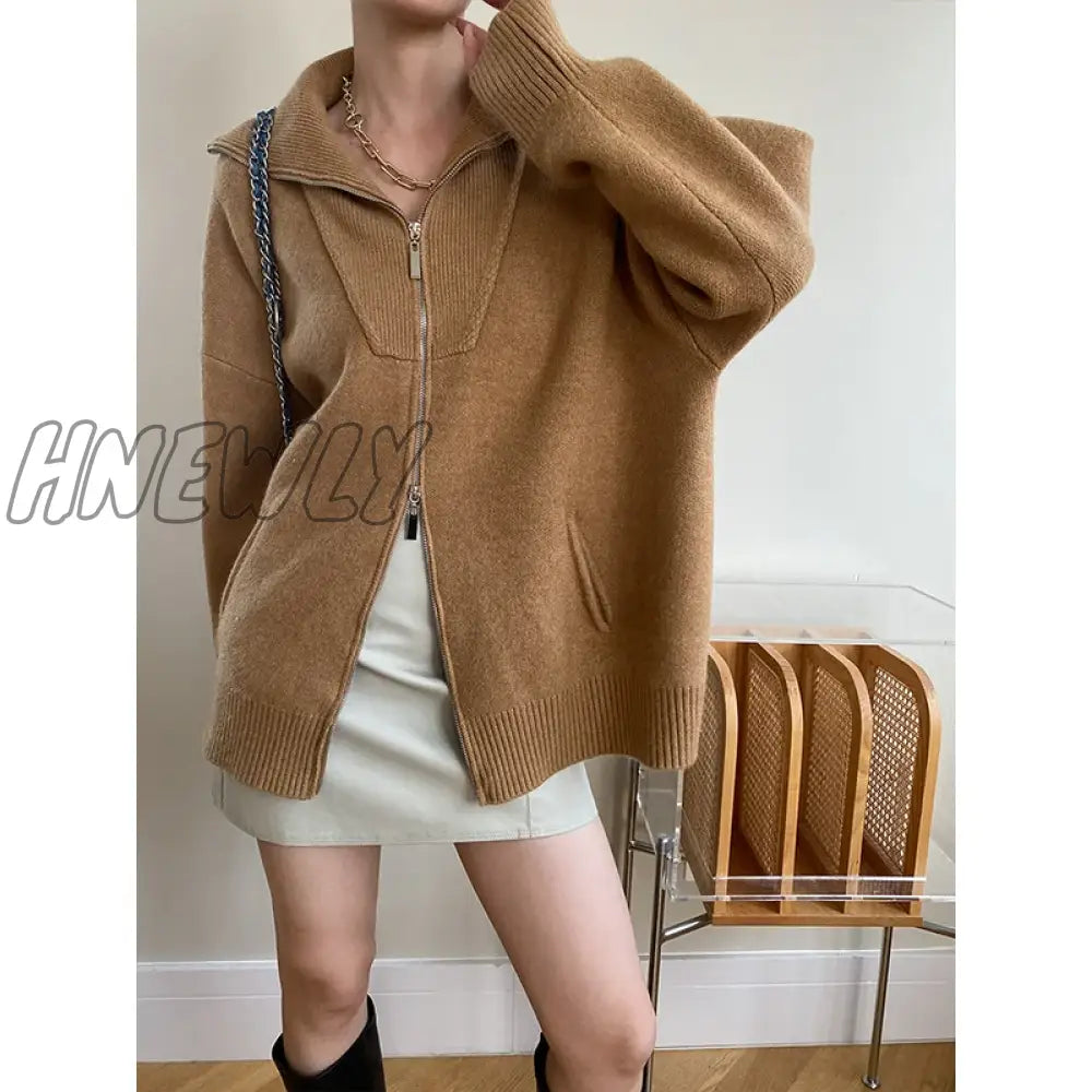 Hnewly Double Zipper Fit Loose Polo’s Collared Oversized Knitted Cardigan Sweater