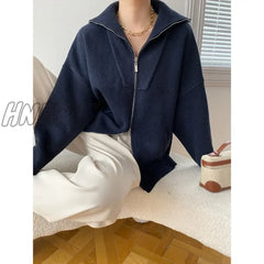 Hnewly Double Zipper Fit Loose Polo’s Collared Oversized Knitted Cardigan Sweater