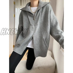 Hnewly Double Zipper Fit Loose Polo’s Collared Oversized Knitted Cardigan Sweater