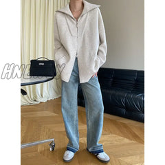Hnewly Double Zipper Fit Loose Polo’s Collared Oversized Knitted Cardigan Sweater