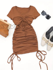 Hnewly Drawstring Cut Out Bodycon Dress Sexy Short Sleeve Ruched For Summer Women’s Clothing
