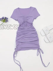 Hnewly Drawstring Cut Out Bodycon Dress Sexy Short Sleeve Ruched For Summer Women’s Clothing