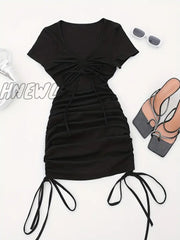 Hnewly Drawstring Cut Out Bodycon Dress Sexy Short Sleeve Ruched For Summer Women’s Clothing