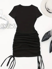 Hnewly Drawstring Cut Out Bodycon Dress Sexy Short Sleeve Ruched For Summer Women’s Clothing