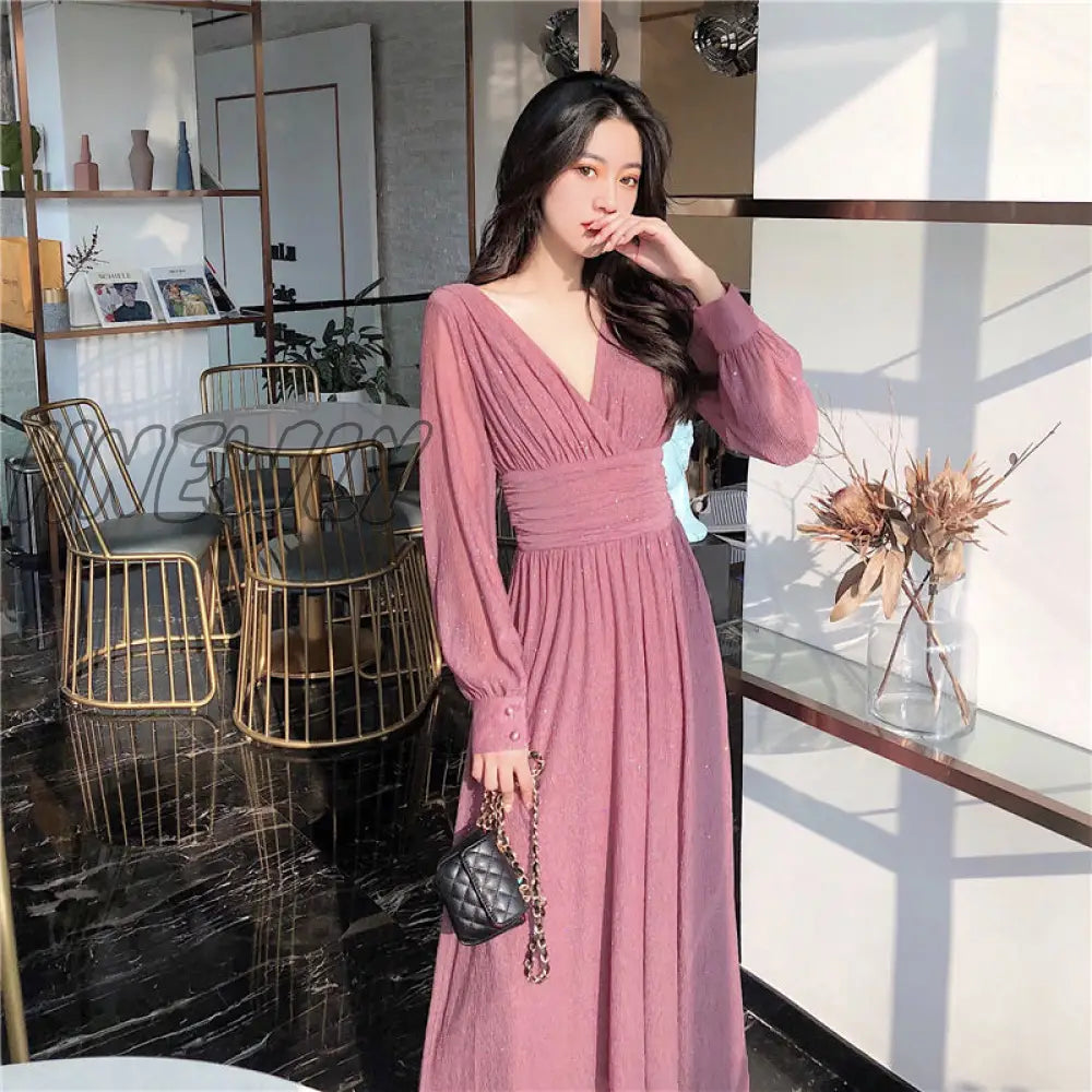 Hnewly Dress Women Long Sleeve Casual Fairy Evening Vintage One Piece For New Year Party Korean
