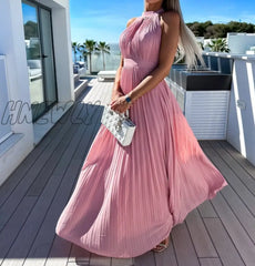 Hnewly Dresses For Women Sexy Solid Hanging Neck Press Pleats Dress Vestidos De Fiesta Elegantes