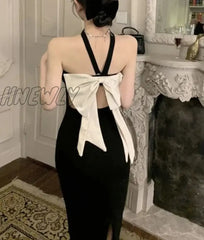 Hnewly Dresses Women Elegant Summer Midi Bow Design Sleeveless Simple Sexy Backless Leisure Fashion