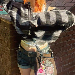 Hnewly E-Girl Gothic Striped Knitted Pullovers 2000S Retro Dark Academia Sweater Y2K Vintage