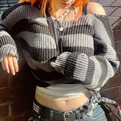 Hnewly E-Girl Gothic Striped Knitted Pullovers 2000S Retro Dark Academia Sweater Y2K Vintage