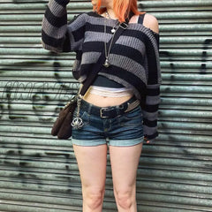 Hnewly E-Girl Gothic Striped Knitted Pullovers 2000S Retro Dark Academia Sweater Y2K Vintage