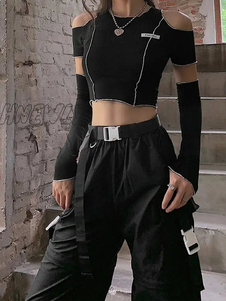 Hnewly E-Girl Style Patchwork Black T-Shirts Gothic Open Shoulder Sleeve Y2K Crop Tops Ruffles Hem