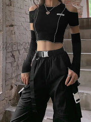 Hnewly E-Girl Style Patchwork Black T-Shirts Gothic Open Shoulder Sleeve Y2K Crop Tops Ruffles Hem