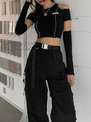 Hnewly E-Girl Style Patchwork Black T-Shirts Gothic Open Shoulder Sleeve Y2K Crop Tops Ruffles Hem
