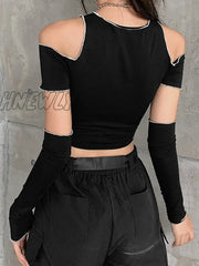Hnewly E-Girl Style Patchwork Black T-Shirts Gothic Open Shoulder Sleeve Y2K Crop Tops Ruffles Hem