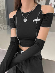 Hnewly E-Girl Style Patchwork Black T-Shirts Gothic Open Shoulder Sleeve Y2K Crop Tops Ruffles Hem