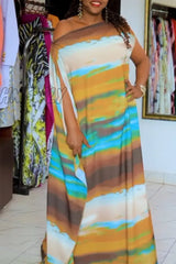 Hnewly - Earth Yellow Casual Elegant Print Asymmetrical Printing Off The Shoulder Printed Dress