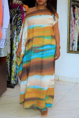 Hnewly - Earth Yellow Casual Elegant Print Asymmetrical Printing Off The Shoulder Printed Dress