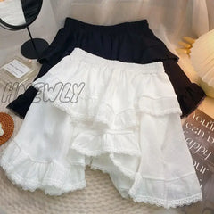 Hnewly Elastic Waist White Black Irregular Mini Kawaii Skirt Japanese Style School Y2K Aesthetic