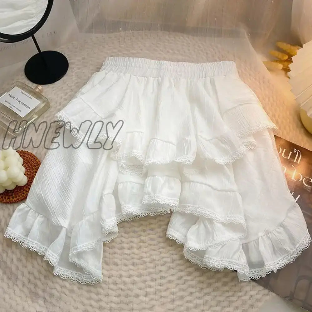 Hnewly Elastic Waist White Black Irregular Mini Kawaii Skirt Japanese Style School Y2K Aesthetic