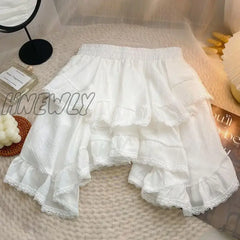 Hnewly Elastic Waist White Black Irregular Mini Kawaii Skirt Japanese Style School Y2K Aesthetic