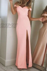 Hnewly - Elegant Backless High Opening Off The Shoulder Irregular Dresses(5 Colors) Pink / S