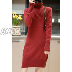 Hnewly Elegant Cashmere Sweater Womens Dresses 100% Merino Wool Autumn Winter Turtleneck Knitted