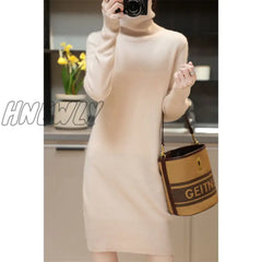 Hnewly Elegant Cashmere Sweater Womens Dresses 100% Merino Wool Autumn Winter Turtleneck Knitted