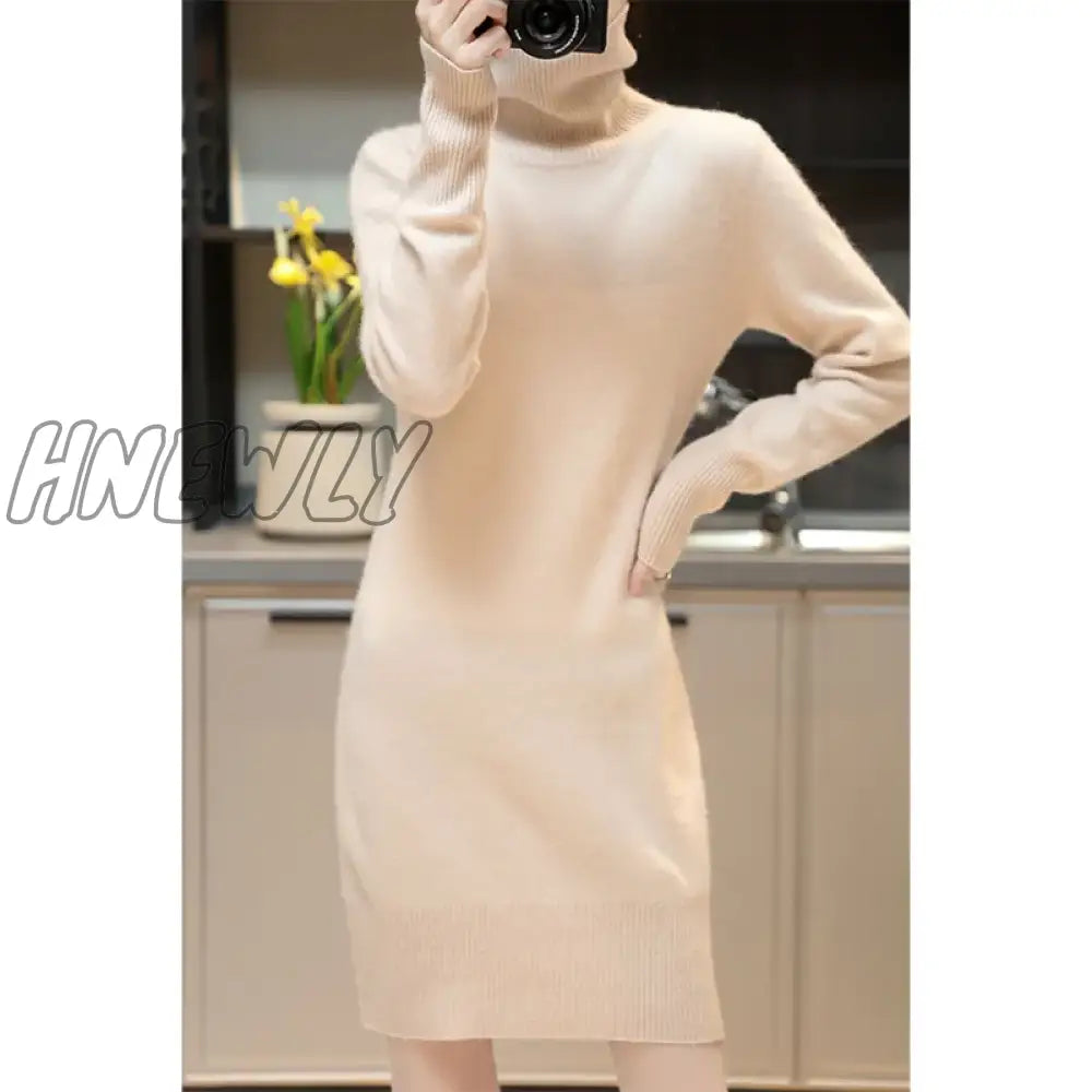 Hnewly Elegant Cashmere Sweater Womens Dresses 100% Merino Wool Autumn Winter Turtleneck Knitted