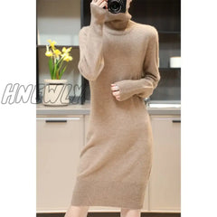 Hnewly Elegant Cashmere Sweater Womens Dresses 100% Merino Wool Autumn Winter Turtleneck Knitted