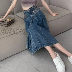 Hnewly Elegant Denim Pleated Skirt Ladies Women High Waist Harajuku Korean Style A-Line Long For
