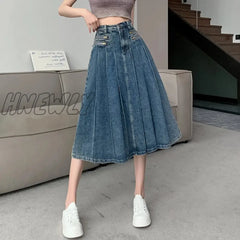 Hnewly Elegant Denim Pleated Skirt Ladies Women High Waist Harajuku Korean Style A-Line Long For