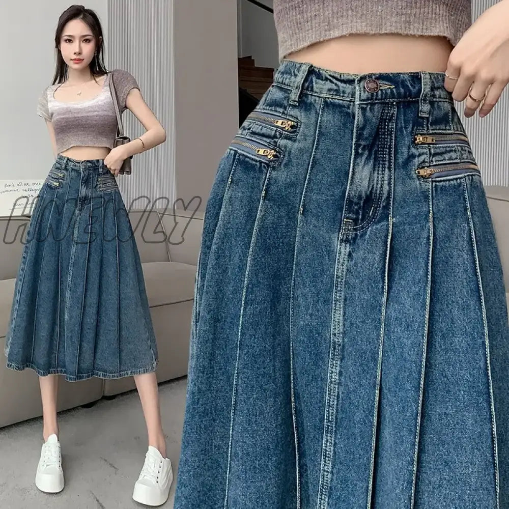 Hnewly Elegant Denim Pleated Skirt Ladies Women High Waist Harajuku Korean Style A-Line Long For