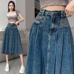 Hnewly Elegant Denim Pleated Skirt Ladies Women High Waist Harajuku Korean Style A-Line Long For