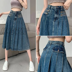 Hnewly Elegant Denim Pleated Skirt Ladies Women High Waist Harajuku Korean Style A-Line Long For
